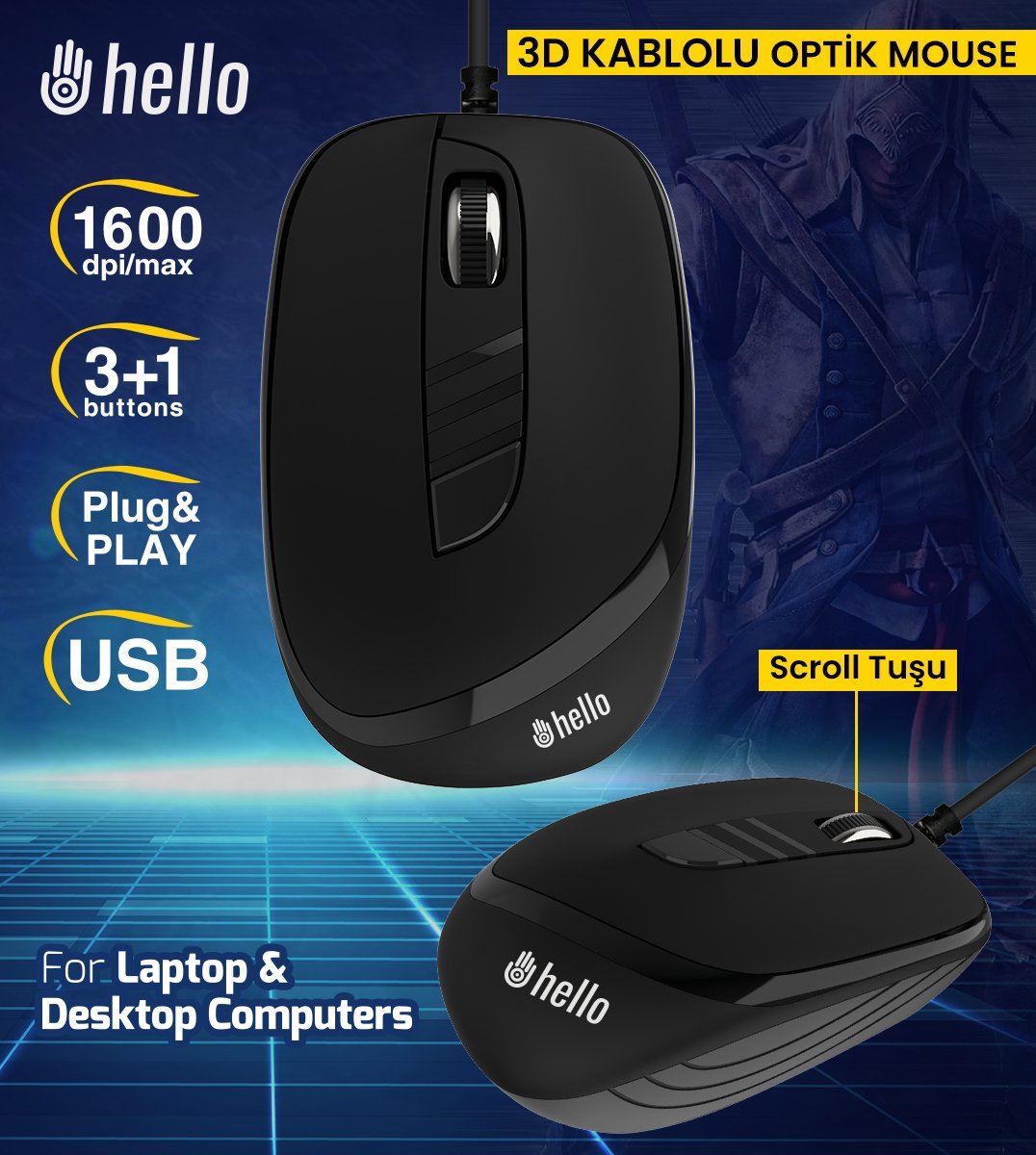 Hello HL-4627 1600DPI 3D USB Kablolu Optik Mouse