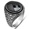 Findit Gümüş Siyah Zirkon Taşlı Oval Erkek Yüzük GMS-T7744
