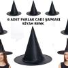 Halloween Siyah Renk Parlak Dralon Cadı Şapkası Yetişkin ve Çocuk Uyumlu 6 Adet (2818)